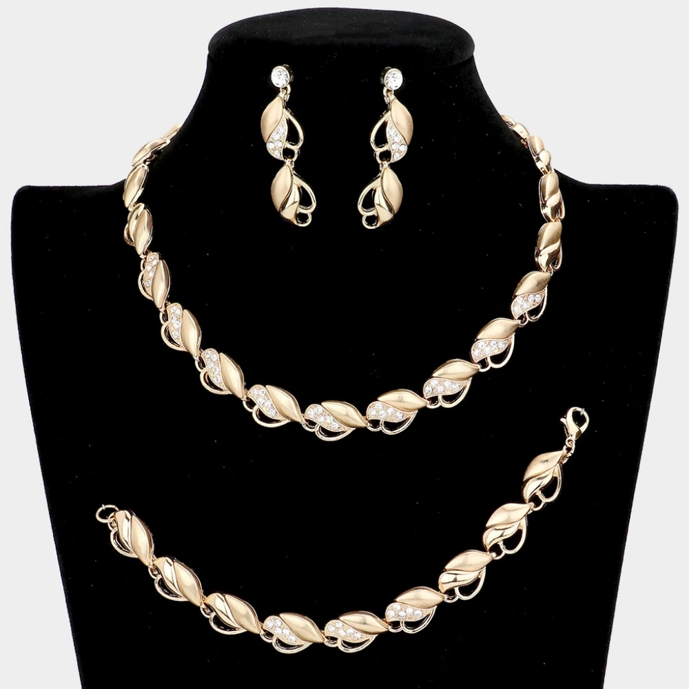 Gold 3 Piece Marquise Crystal Necklace Jewelry Set Formal Fashion Statement